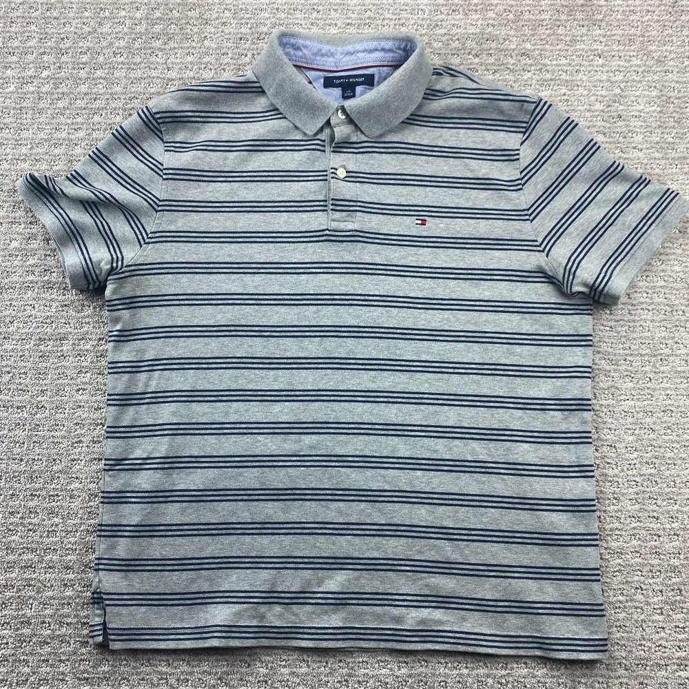 Tommy Hilfiger Polo Shirt Men Large L Gray Blue Striped Casual Golf Embroidered